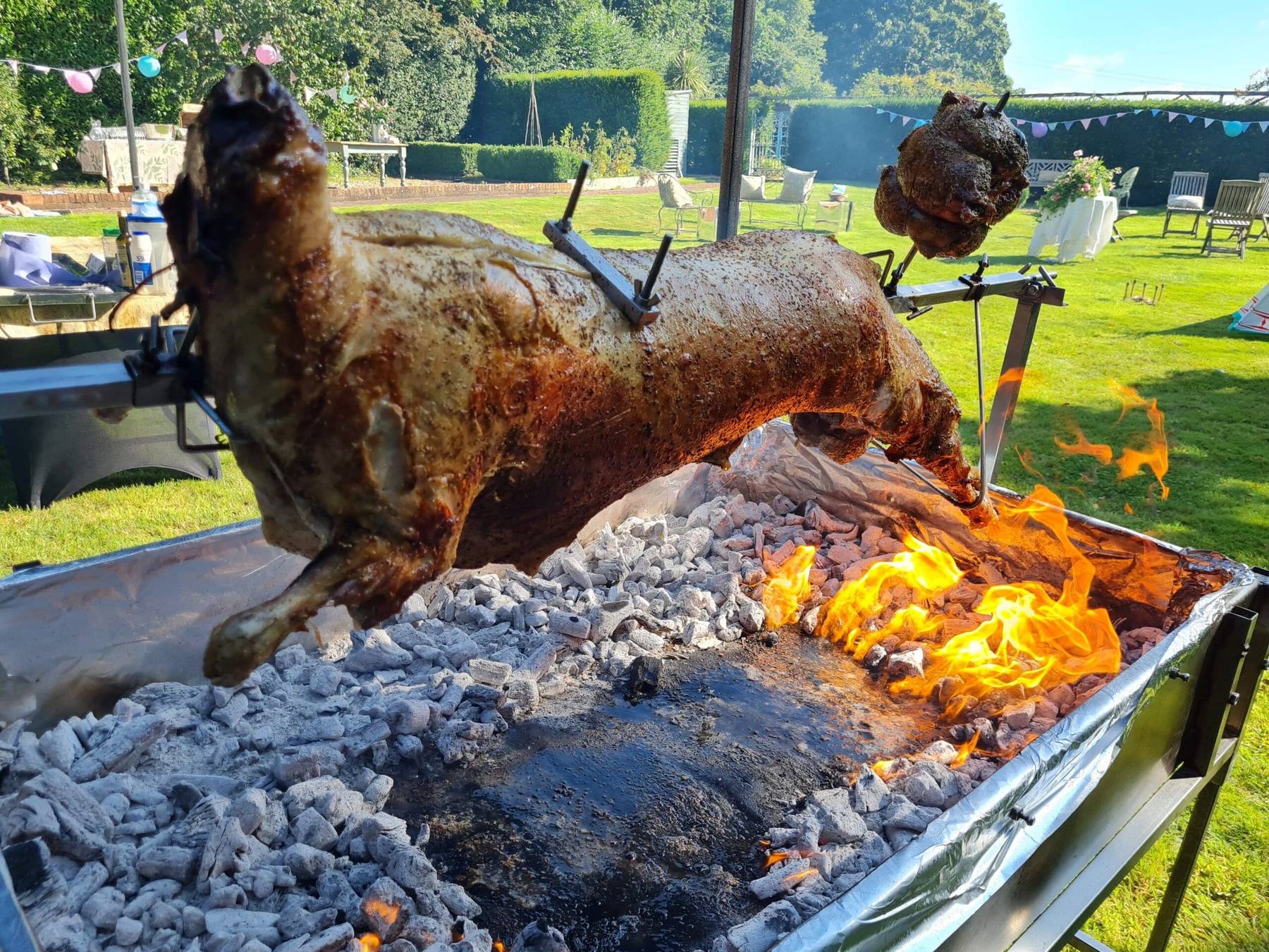 Whole lamb roasting over charcoal and flames at a garden party