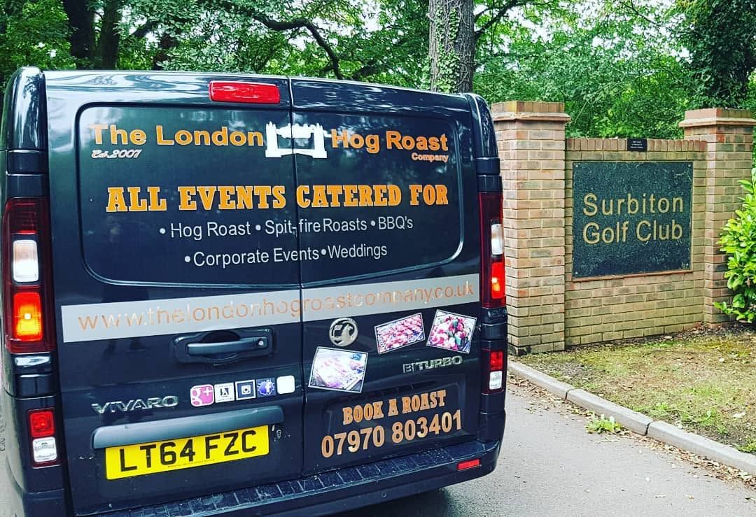The London Hog Roast Company van parked at the entrance to Surbiton Golf Club
