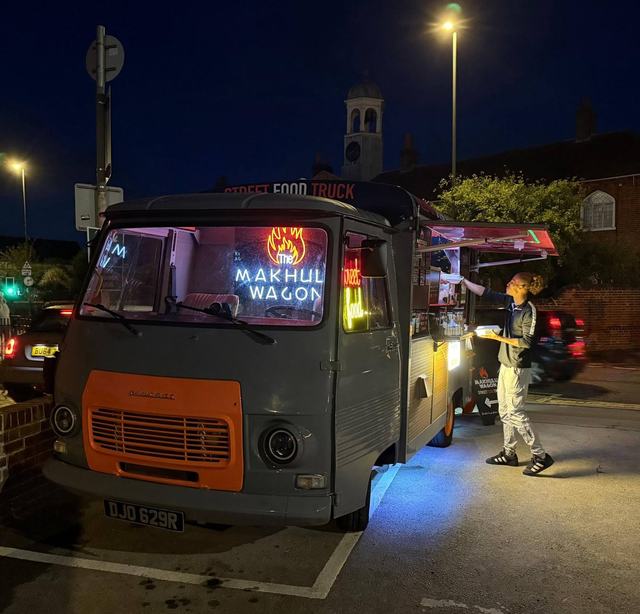 The wagon lit up after dark